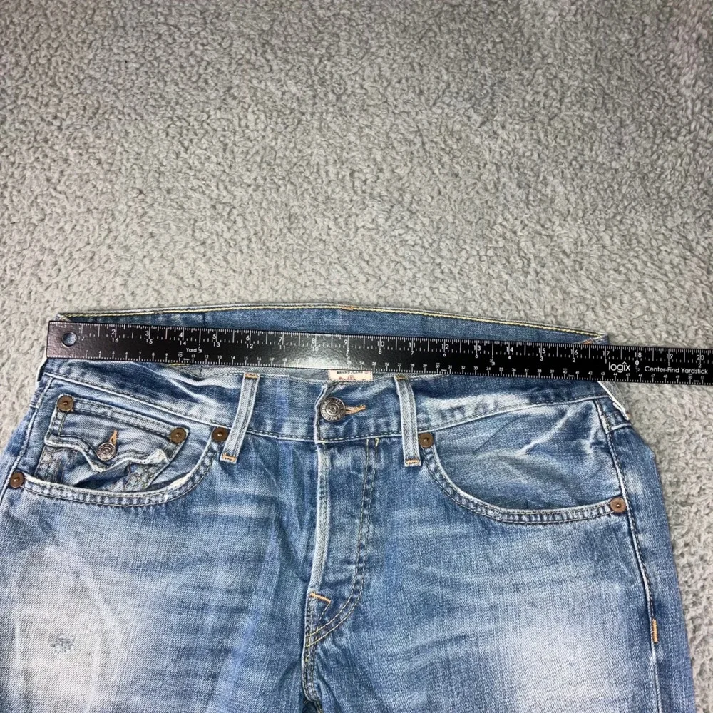 Vtg True Religion Slim Straight Jeans Men 34 Blue Flap Pocket Whiskered USA Made